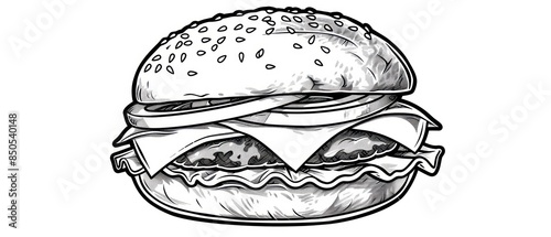 clean cheeseburger illustration with thin, clear lines on a white background. Ideal for kids' coloring activities and art projects