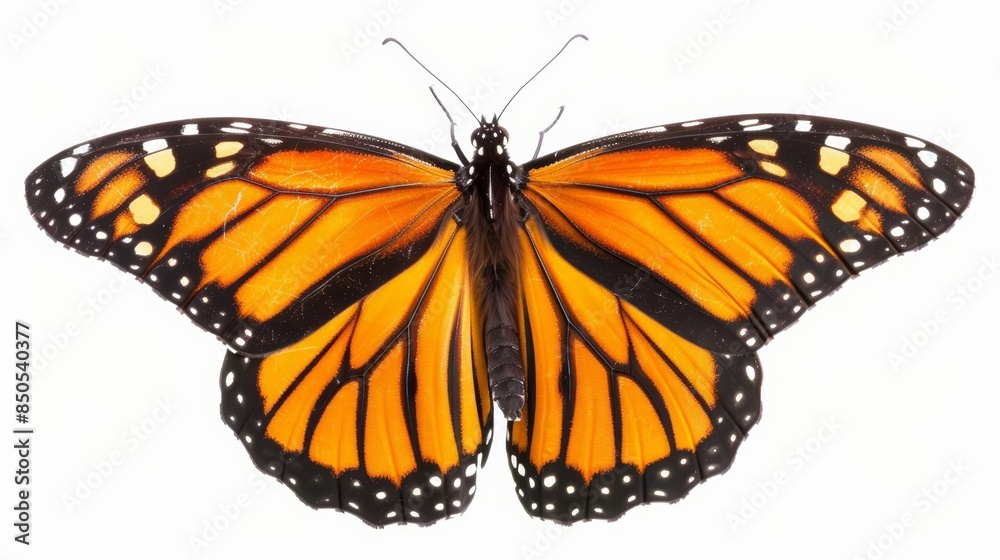 Obraz premium Magnificent monarch butterfly showcases vibrant designs on fragile wings against a backdrop of white, capturing the beauty and delicacy of nature