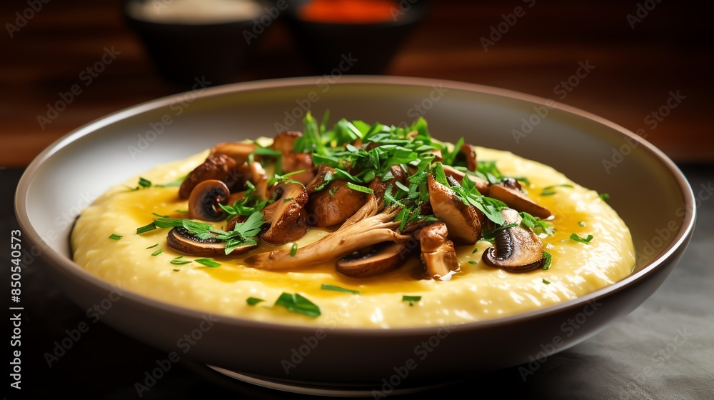 A bowl of creamy polenta with mushrooms A bowl of creamy polenta with mushrooms