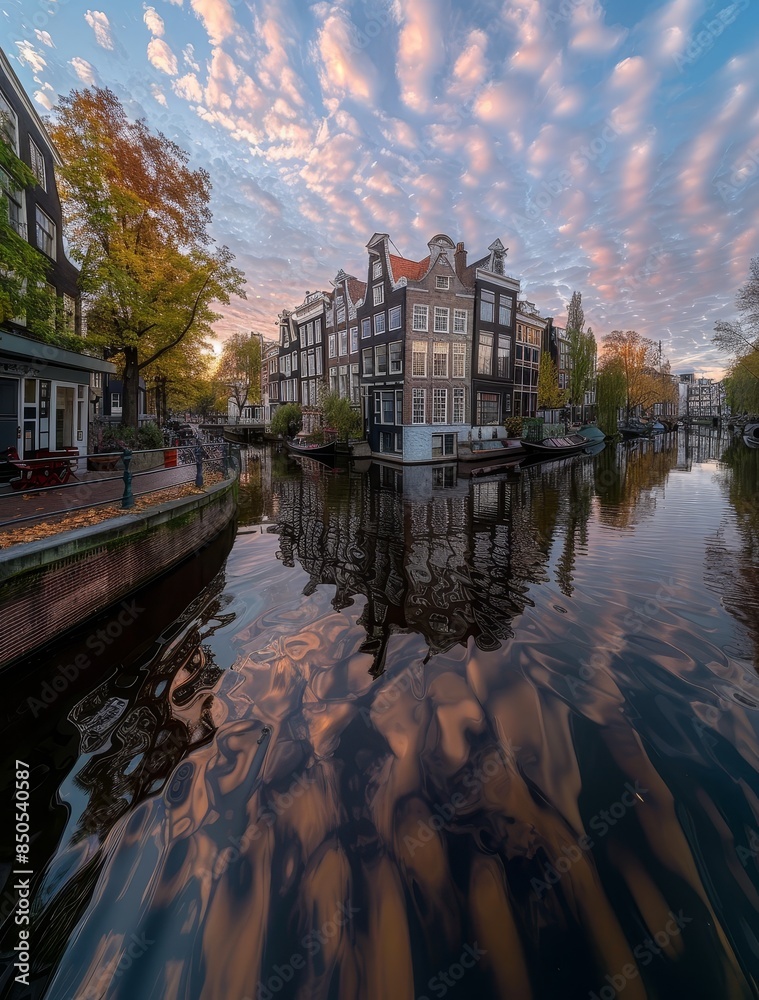 Fototapeta premium Dutch Canal Reflections at Sunset - A picturesque scene of a canal in Amsterdam, Netherlands, with traditional Dutch architecture reflecting in the calm water at sunset.
