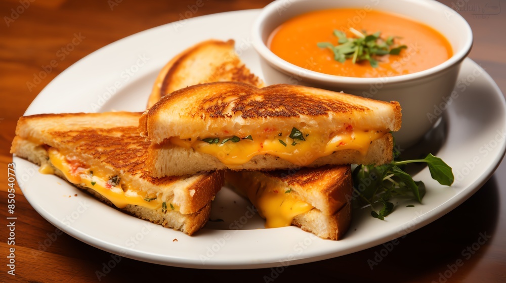 A plate of grilled cheese with tomato soup A plate of grilled cheese with tomato soup