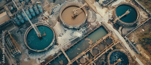 wastewater treatment facility with large settling tanks and filtration systems, processing water to remove contaminants and protect the environment photo