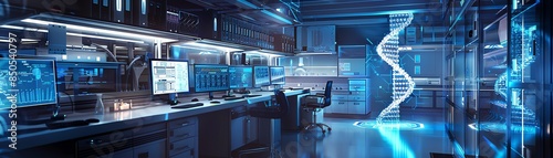 Futuristic laboratory with glowing blue double helix model. High-tech research facility with computers and lab equipment. Science, technology, and innovation concept. photo