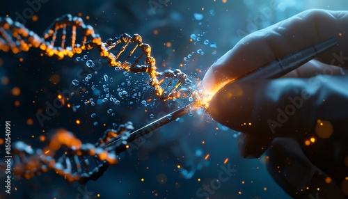 A scientist is using a gene editing tool to modify a DNA strand. The image is a representation of the potential of genetic engineering to verandern the human genome. photo