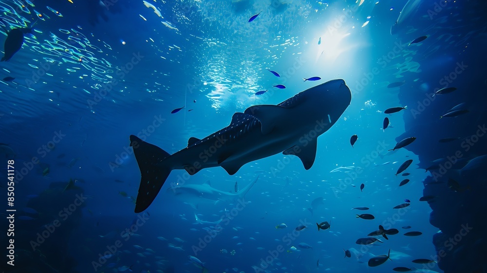 Okinawa Aquarium 4K with Beautiful Whale sharks and various kinds of fish swimming in the main tank Silhouettes of People observing fish at the aquarium Location Okinawa Churaumi Aquar : Generative AI