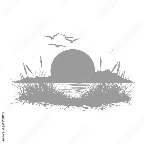 Grayscale Marsh Silhouette: Rising Sun, Grasses, and Birds in Flight
