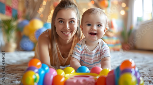 Smiling Mother and Baby Playing with Colorful Toys in a Cozy Living Room