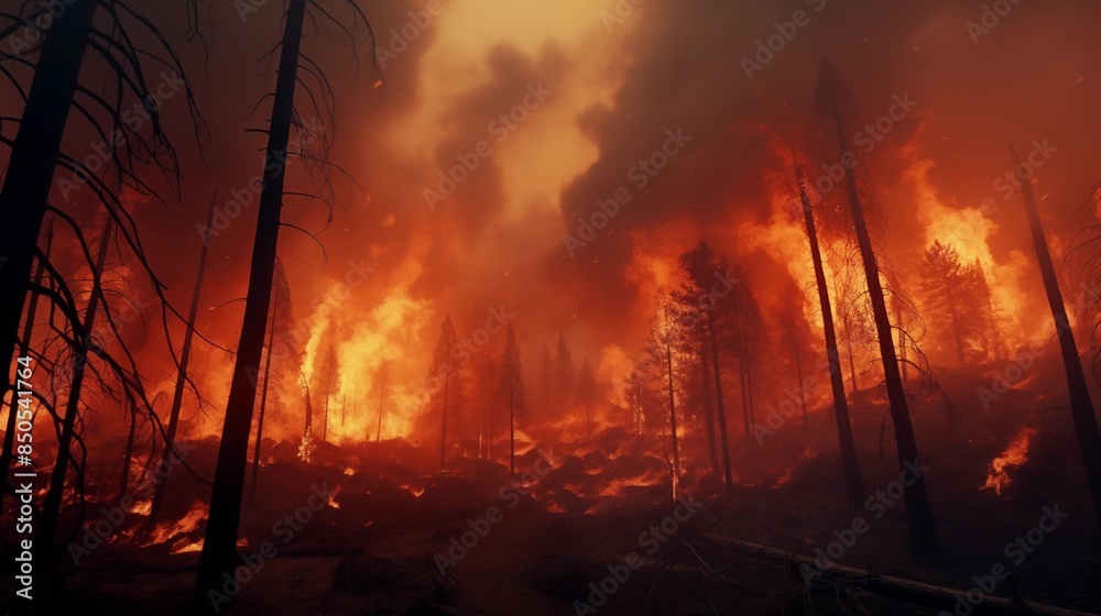 Fiery inferno engulfs a forest during a massive wildfire. Fiery inferno engulfs a forest during a massive wildfire.