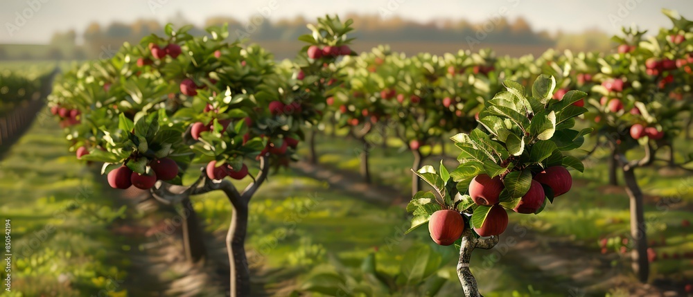 An agricultural landscape featuring an apple orchard, where trees laden with red fruit stand amidst green foliage under a sunny autumn sky An agricultural landscape featuring an apple orchard, where trees laden with red fruit stand amidst green foliage under a sunny autumn sky