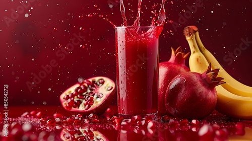 Pomegranate juice with banana isolated and pomegranate background