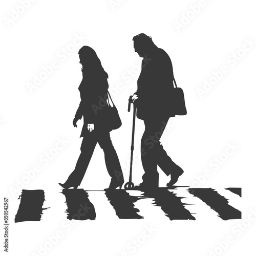 Silhouetted Elderly Couple: Zebra Crossing, Walking Stick, Urban Stride.