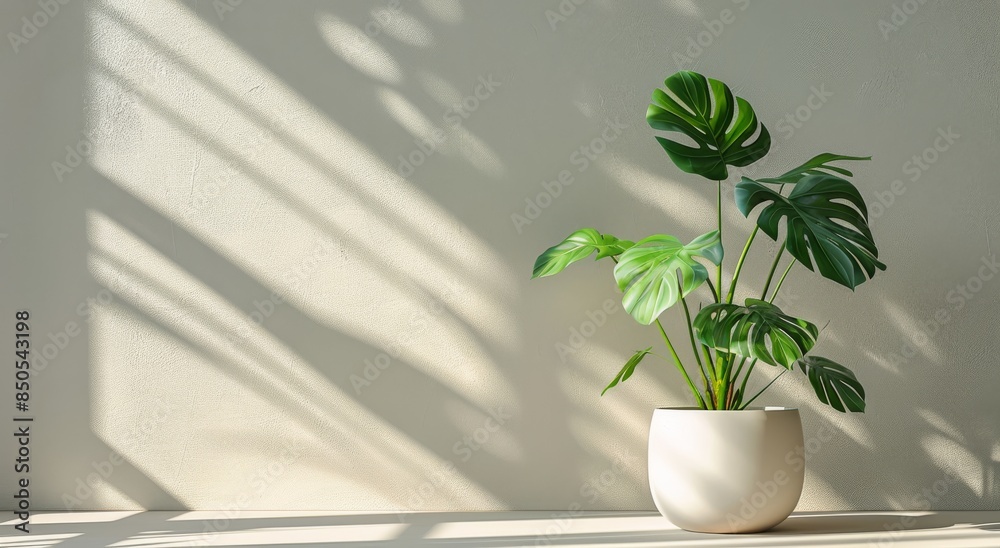 Large Green Monstera Plant in White Pot Against White Wall With Window Light Large Green Monstera Plant in White Pot Against White Wall With Window Light