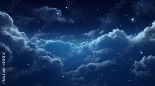 Fluffy volumetric clouds at night against a dark blue sky with stars background. © Muzamil