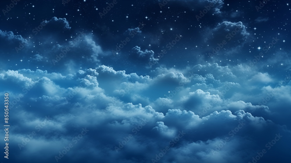 Fluffy volumetric clouds at night against a dark blue sky with stars background. Fluffy volumetric clouds at night against a dark blue sky with stars background.