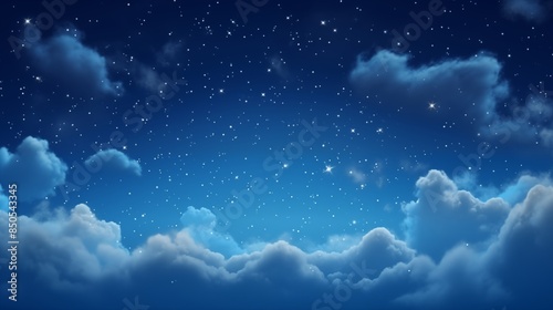 Fluffy volumetric clouds at night against a dark blue sky with stars background.