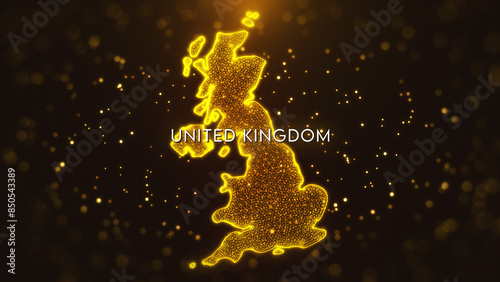 Digital Space Golden Yellow Shiny Blurry Focus Wavy Glitter Sparkle Dust Particles of United Kingdom Map with Text and Light Flare