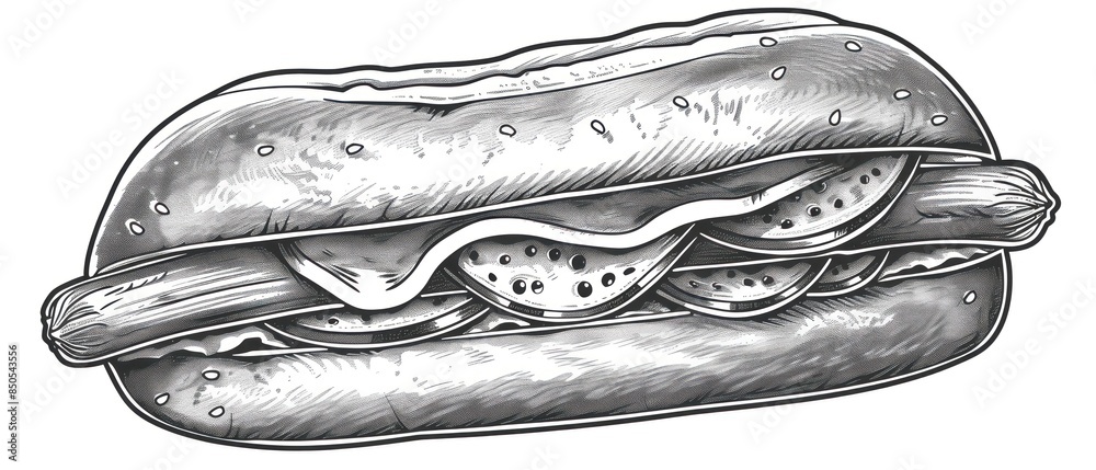 hand-drawn icon of a hotdog, capturing its essential elements like the bun, sausage, and condiments with artistic flair hand-drawn icon of a hotdog, capturing its essential elements like the bun, sausage, and condiments with artistic flair