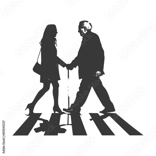 Silhouetted woman assisting blind man across zebra crossing.