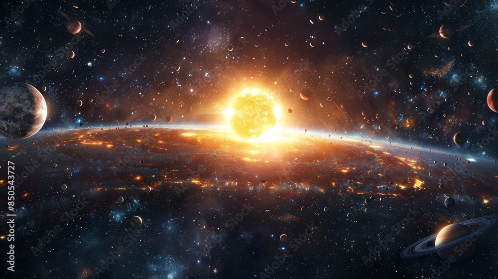 Obraz premium A Glowing Sun Illuminates A Distant Planetary System With Multiple Moons