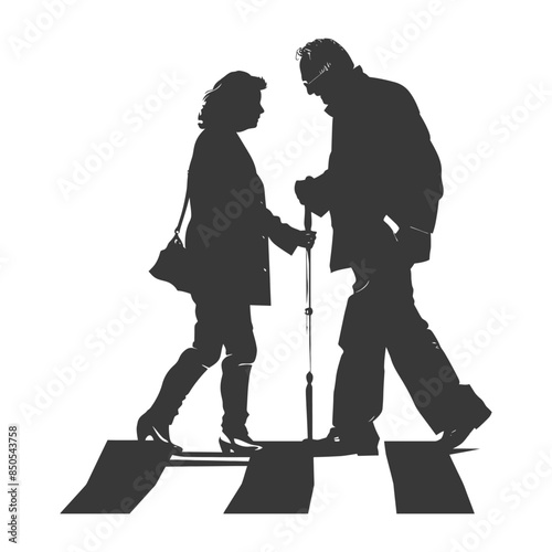 Elderly couple silhouette crossing road, visually impaired man with cane, pedestrian zebra.