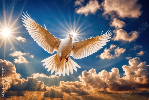 White dove flying with wings wide open in blue sky, symbol of peace © Kheng Guan Toh