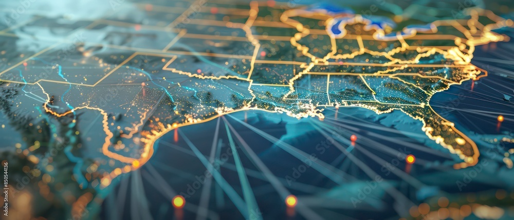 A conceptual depiction of the united states of america map integrated with digital elements, illustrating global communication and the interconnectedness of businesses through technology A conceptual depiction of the united states of america map integrated with digital elements, illustrating global communication and the interconnectedness of businesses through technology