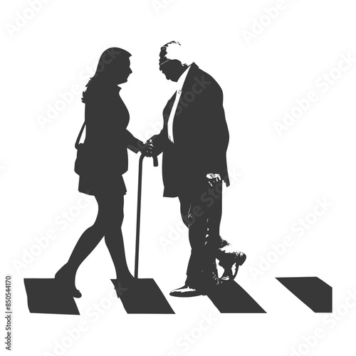 Silhouetted Crosswalk Aid: Young Woman Assisting Elderly Man with Cane.