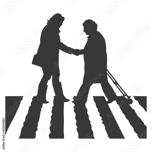 Silhouette of Helping Hand: Young Woman Assists Senior with Crutches at Crosswalk.
