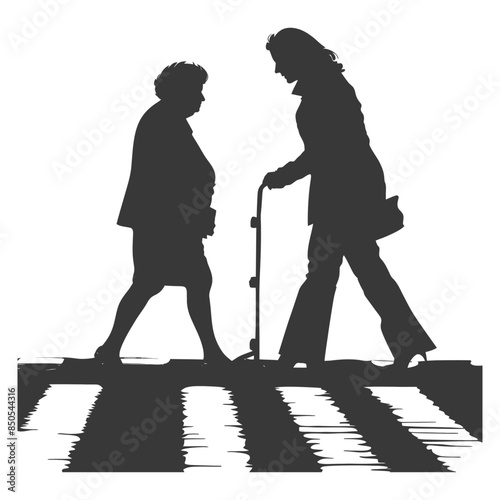 Zebra Crossing Assistance: Silhouette of Young Woman Helping Elderly Lady With Cane.