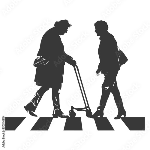 Crosswalk Silhouette: Elderly Woman with Mobility Aid and Bystander on Zebra Crossing.