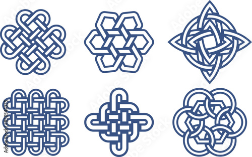 Celtic knots intricate designs blue outlines isolated white background. Set six different Celtic knot patterns artistic representation. Traditional Irish symbols interwoven loops no beginning end