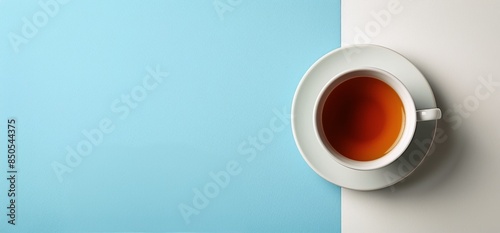 White Teacup With Brown Tea on Blue and White Background