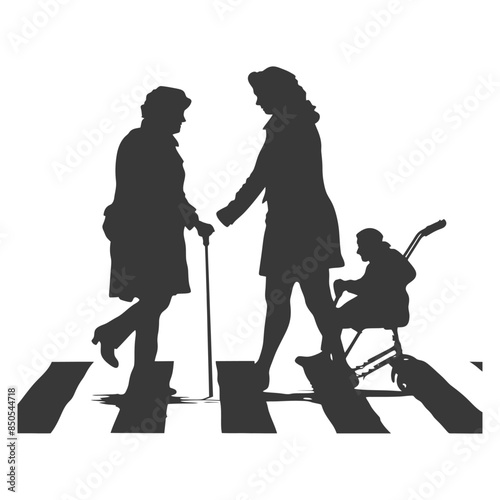 Crosswalk Shadows: Three Generations, Silhouette Crossing, Pedestrian Safety.