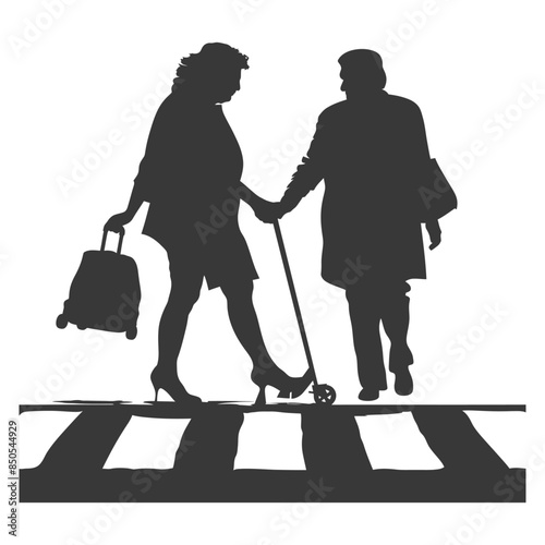 Silhouette Travelers: Two Women Crossing with Scooter and Luggage.