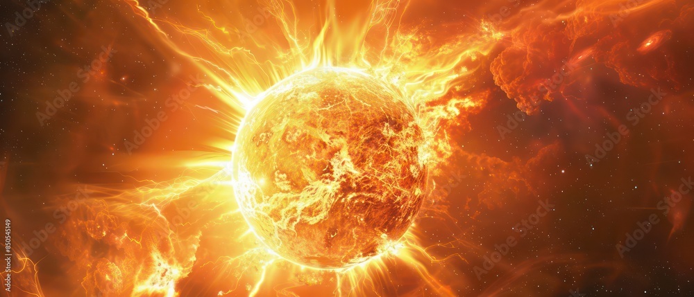 dynamic illustration of light and energy, featuring a fiery explosion of orange hues and glowing textures, evoking the power and beauty of the sun