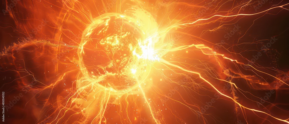 dynamic illustration of light and energy, featuring a fiery explosion of orange hues and glowing textures, evoking the power and beauty of the sun
