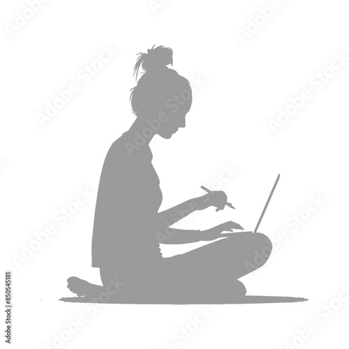 silhouette elderly woman playing on laptop while sitting cross legged