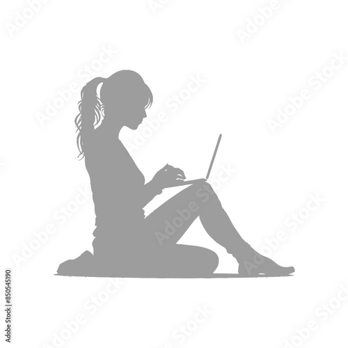 silhouette elderly woman playing on laptop while sitting cross legged