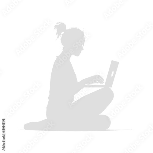 silhouette elderly woman playing on laptop while sitting cross legged