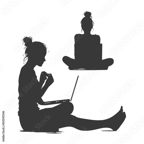 silhouette elderly woman playing on laptop while sitting cross legged