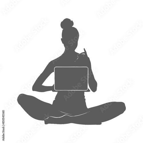 silhouette elderly woman playing on laptop while sitting cross legged