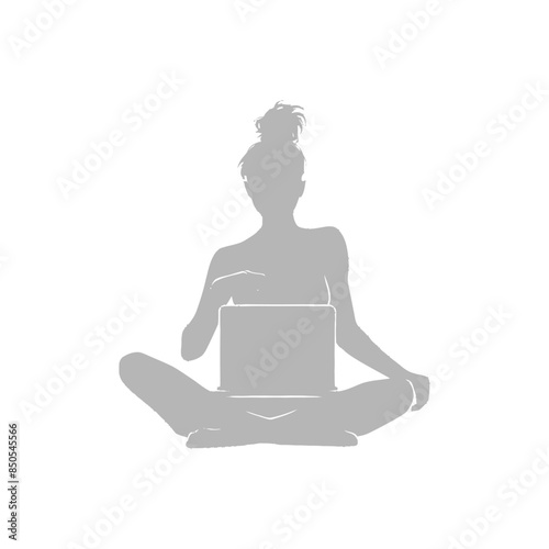 silhouette elderly woman playing on laptop while sitting cross legged