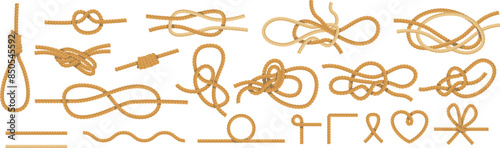 Collection various rope knots isolated white background. Detailed nautical knotwork educational purposes. Marine rope knots guide illustration