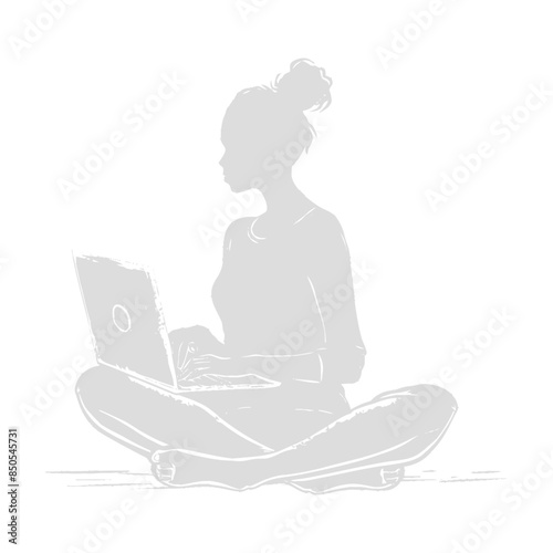 silhouette elderly woman playing on laptop while sitting cross legged