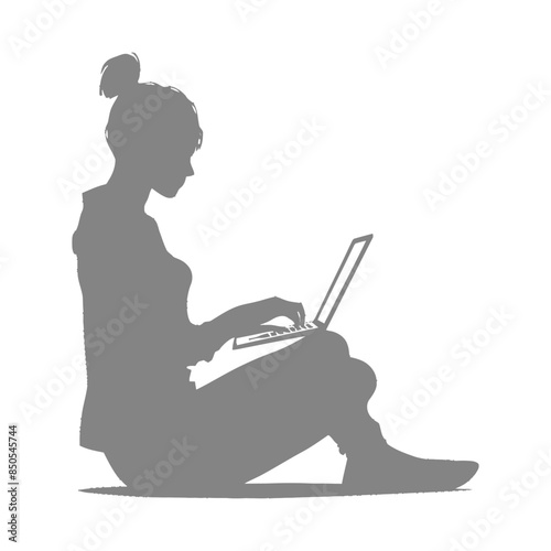 silhouette elderly woman playing on laptop while sitting cross legged