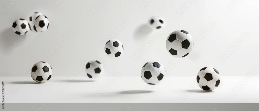 Soccer balls suspended in mid-air against a bright white studio backdrop, creating a dynamic and visually striking composition Soccer balls suspended in mid-air against a bright white studio backdrop, creating a dynamic and visually striking composition