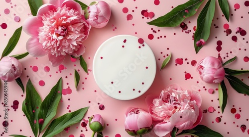 Pink Peonies and White Circle on Pink Background With Confetti