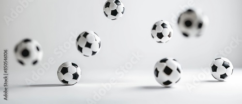 Soccer balls suspended in mid-air against a bright white studio backdrop, creating a dynamic and visually striking composition