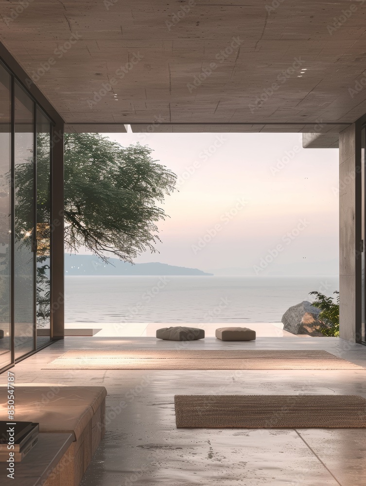 Fototapeta premium Minimalist style with frameless windows, the tranquility of the ocean landscape outside