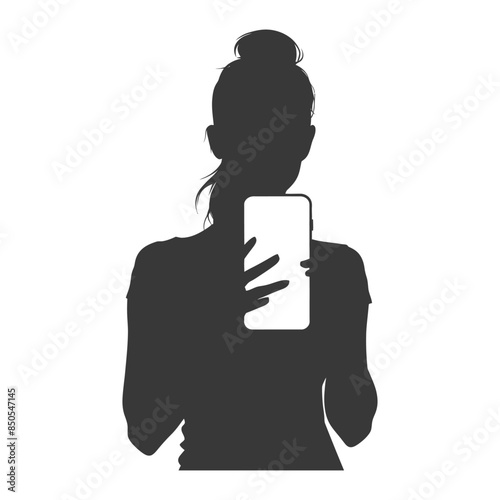Silhouette Selfie: Woman with Bun Holding Smartphone.
